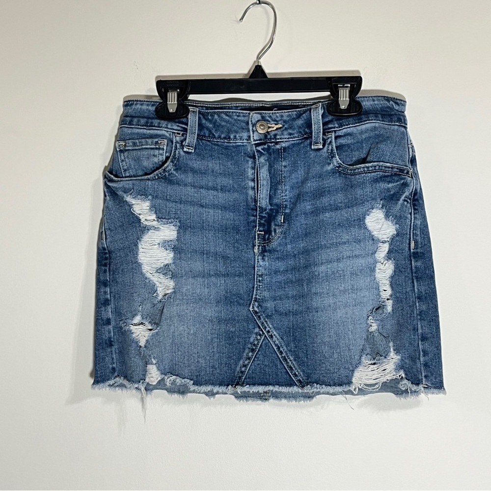 Hollister High Rise Distressed Denim Mini Skirt Blue Stretch Jean Sz 5/27